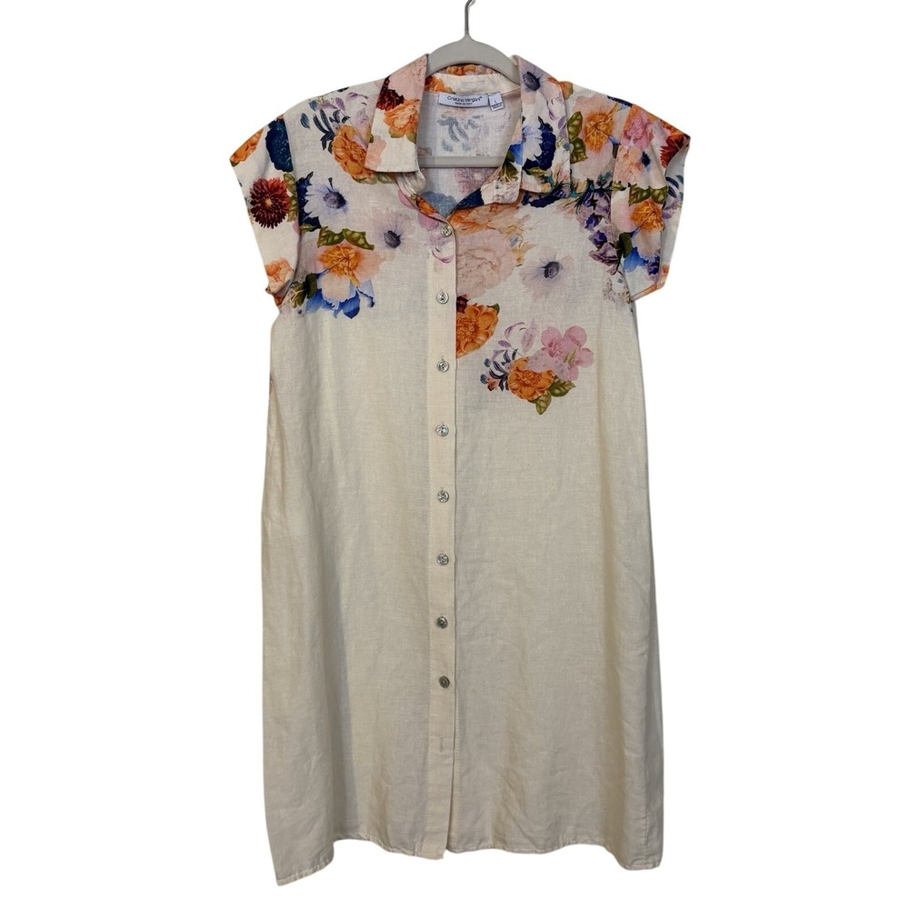 Cristina Vegan Floral Shift Dress Sz L Beige Linen Button Front Lightweight